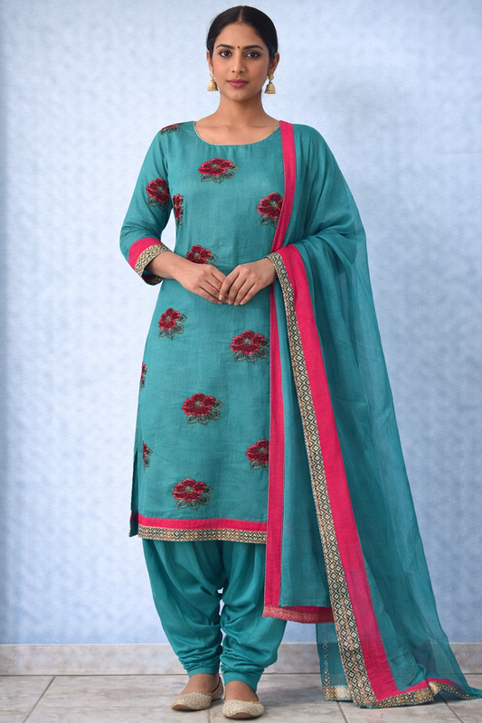 Teal Floral Embroidered Salwar Kameez Set with Dupatta Plus chest size 52