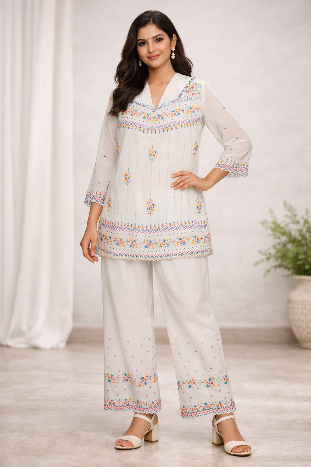 White Embroidered Crepe Dress size Medium Chest size 40