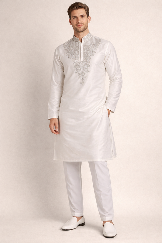 Men’s Premium White Silk Kurta Pajama Set – Elegant Embroidered Indian Wedding & Formal Wear
