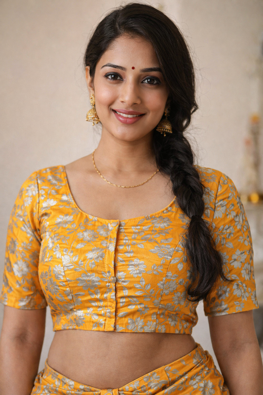 Yellow Silver Floral Brocade Readymade Blouse – Sizes Up To XL