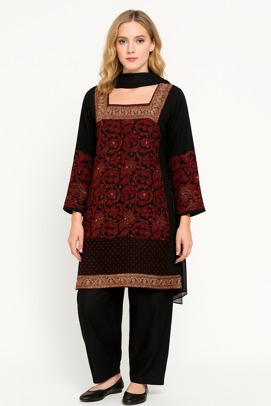 Black Embroidered salwar kameez Dupatta set plus chest  Size 52