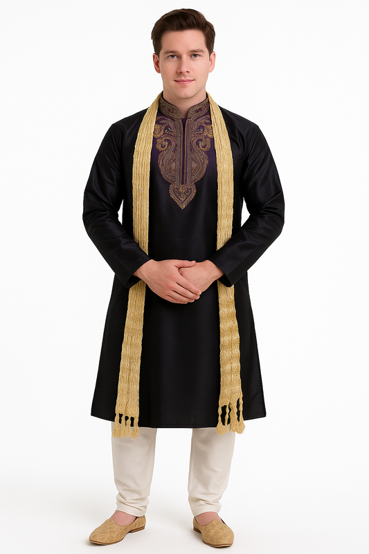 Black Silk Men Kurta Sherwani Pajama Set with Shawl – Plus Sizes up to 8XL | Wedding & Party Wear