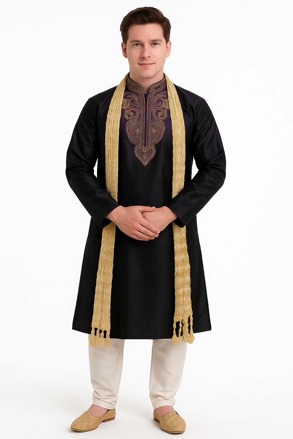 Black Silk Men Kurta Sherwani Pajama Set with Shawl – Plus Sizes up to 8XL | Wedding & Party Wear