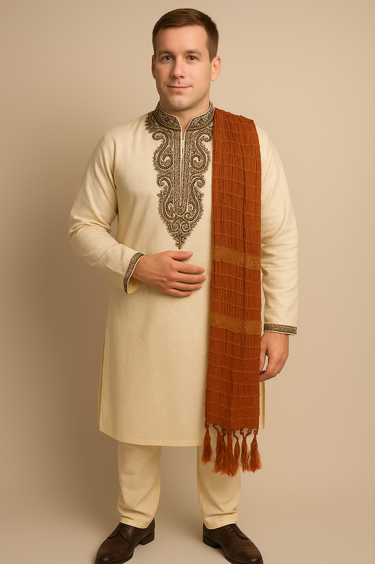 Men’s Brown Dupatta with Gold Tassels | Traditional Sherwani Shawl for Wedding & Festive Wear
