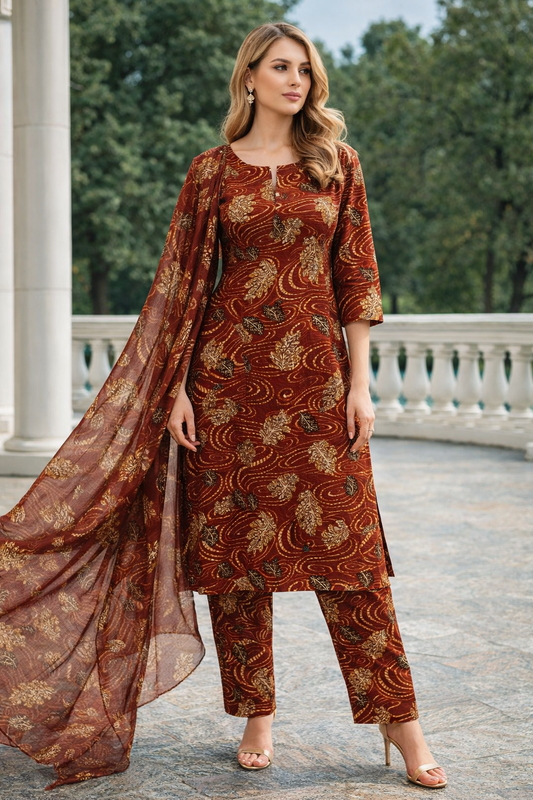 Brown Printed  salwar kameez Dupatta chest size 42