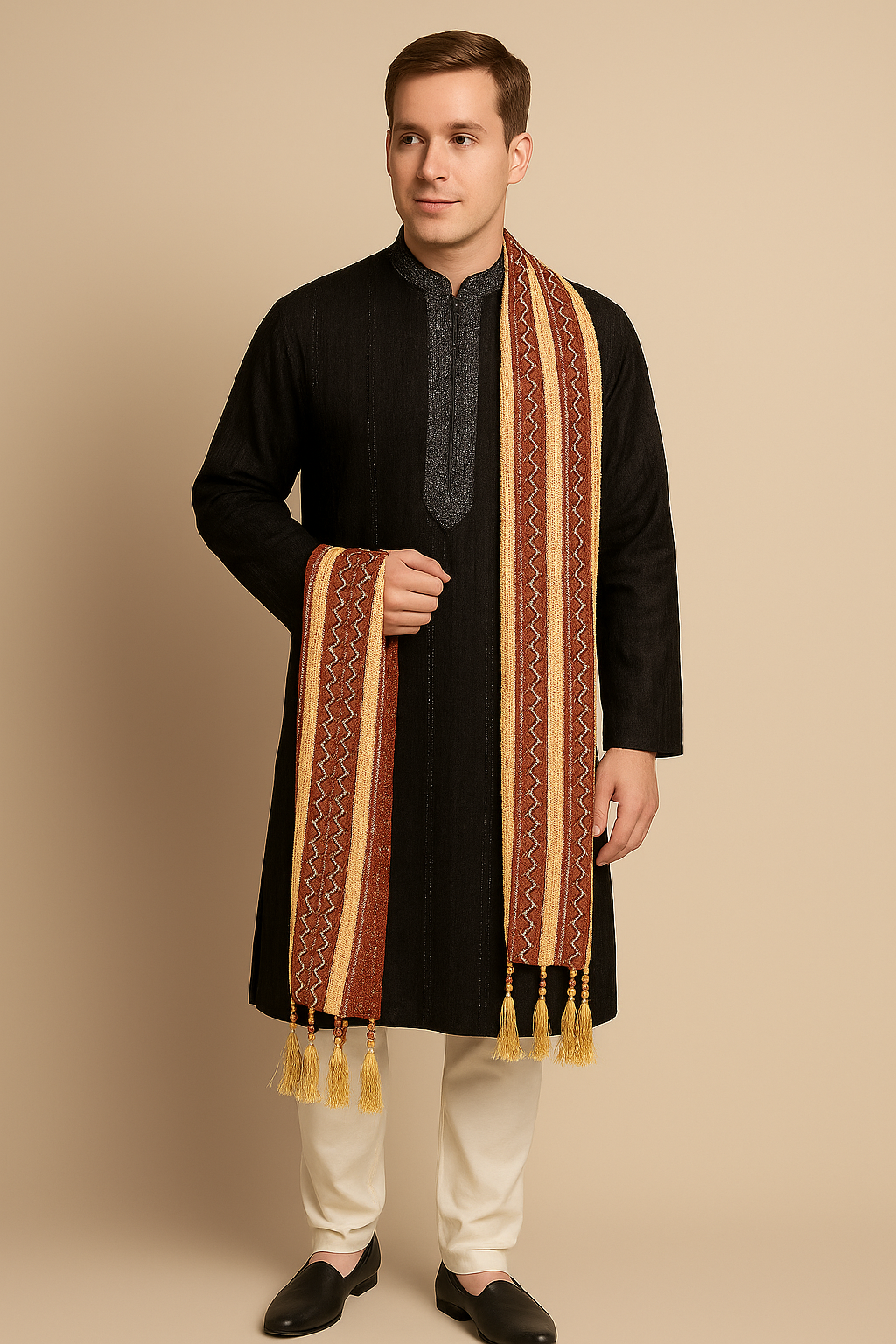 Burgundy & Gold Men’s Dupatta – Traditional Sherwani Kurta  Stole