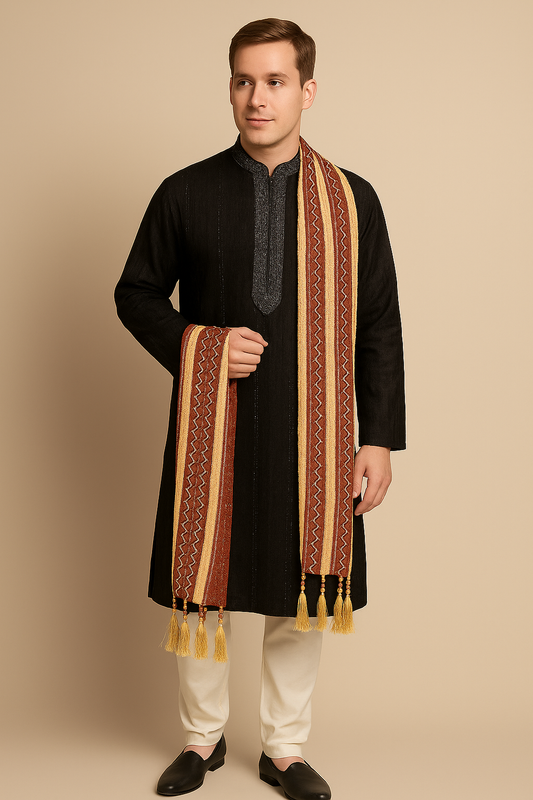 Burgundy & Gold Men’s Dupatta – Traditional Sherwani Kurta  Stole