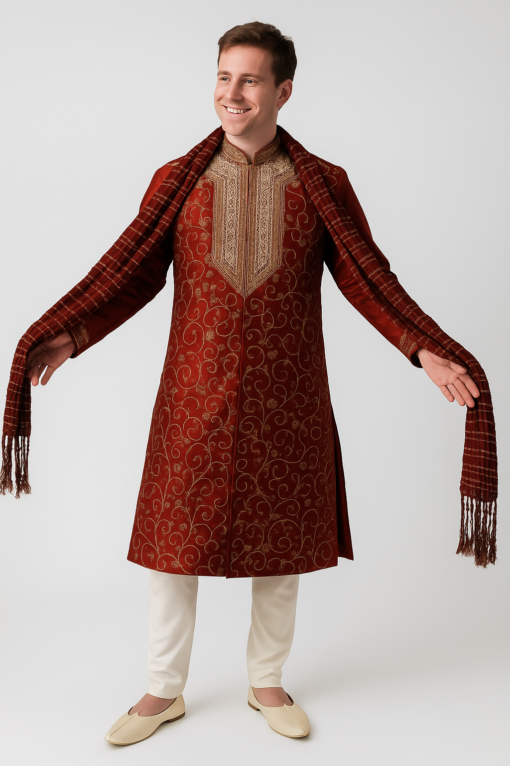 Men’s Red and Gold Embroidered Sherwani Set with Cream Pajama & Dupatta – Indian Wedding & Festive Wear | Plus Sizes up to 8XL