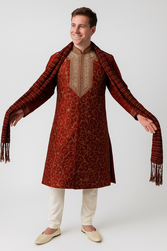 Men’s Red and Gold Embroidered Sherwani Set with Cream Pajama & Dupatta – Indian Wedding & Festive Wear | Plus Sizes up to 8XL