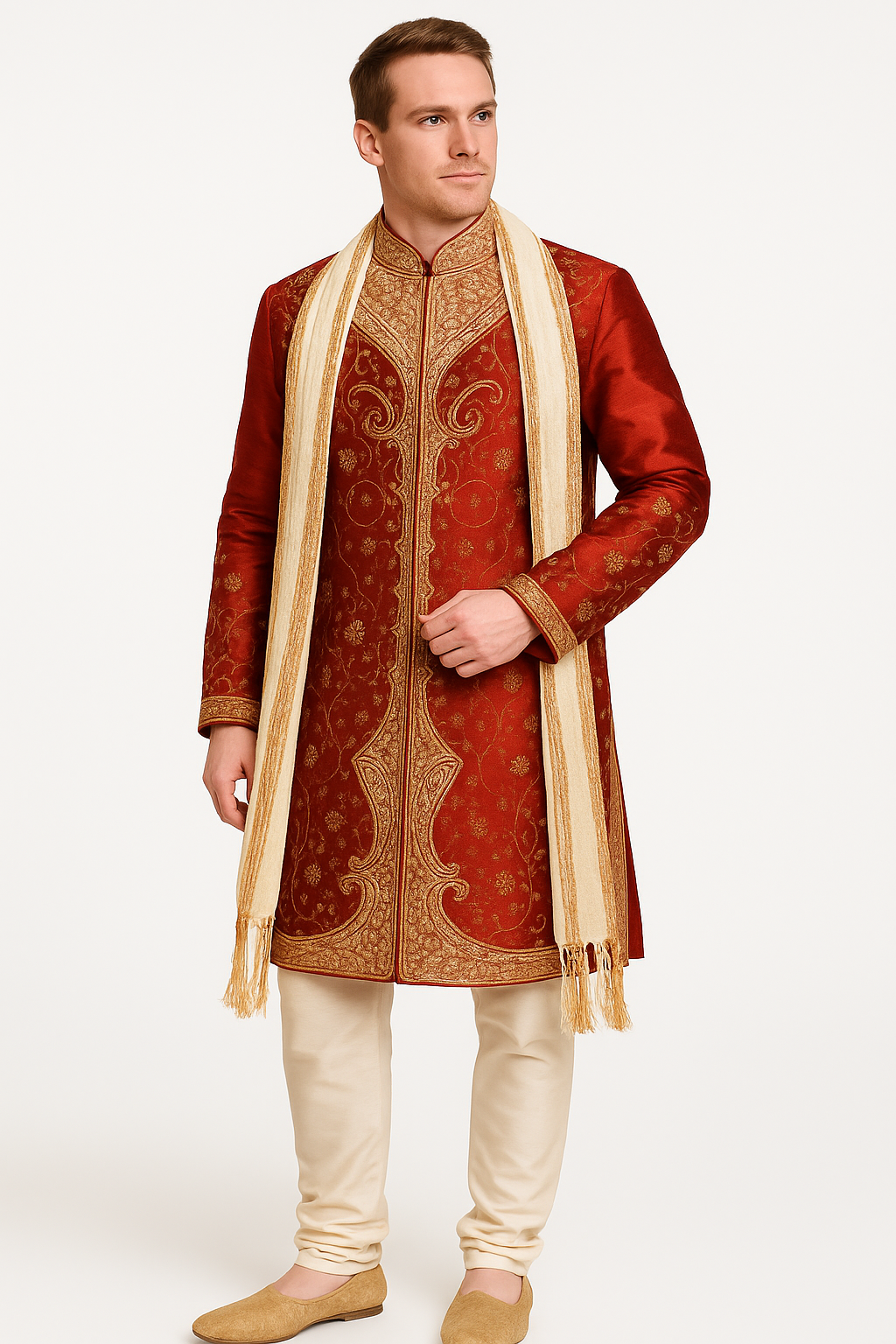 Men’s Red and Gold Embroidered Sherwani Set with Cream Dupatta & Pajama – Indian Wedding & Party Wear | Plus Sizes up to 8XL