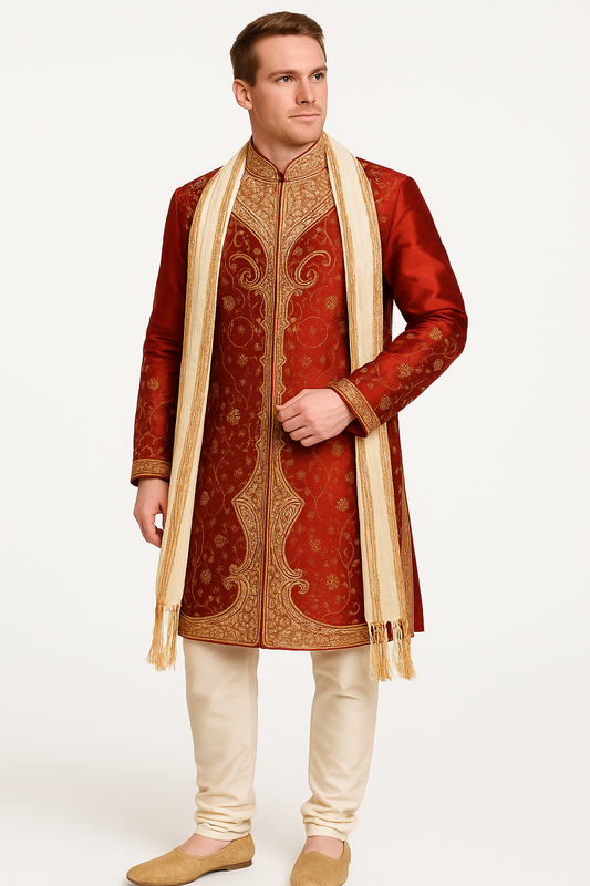 Men’s Red and Gold Embroidered Sherwani Set with Cream Dupatta & Pajama – Indian Wedding & Party Wear | Plus Sizes up to 8XL