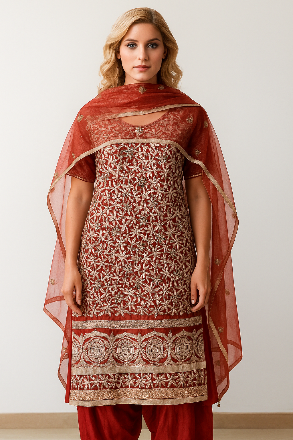 Burgundy Net   salwar kameez Dupatta set Plus  chest  Size 48