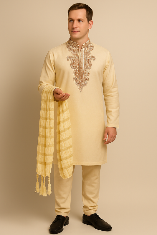 Men’s Cream Embroidered Kurta with Matching Dupatta | Classic Indian Wedding & Festive Wear