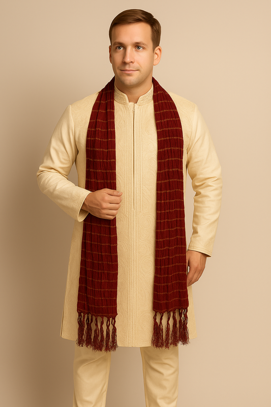 Men’s Dark Maroon Crinkle Dupatta Shawl with Golden Thread Work | Traditional Wedding Scarf for Kurta & Sherwani