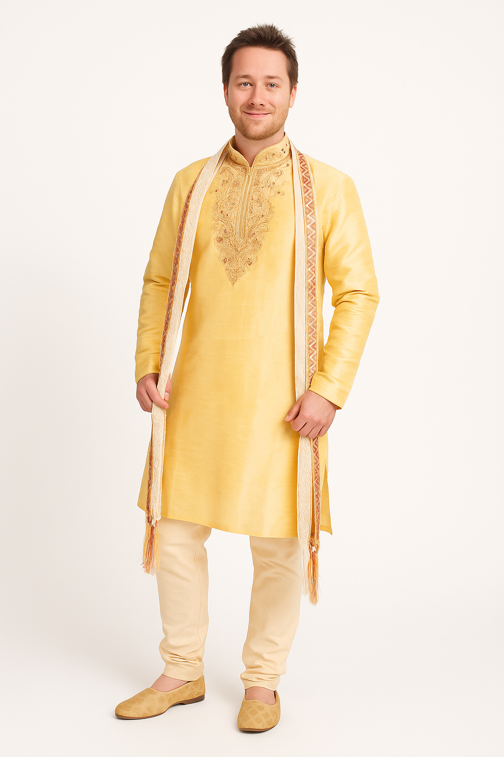 Men’s Golden Silk Kurta Pajama Set with Embroidered Dupatta – Wedding & Festive Wear