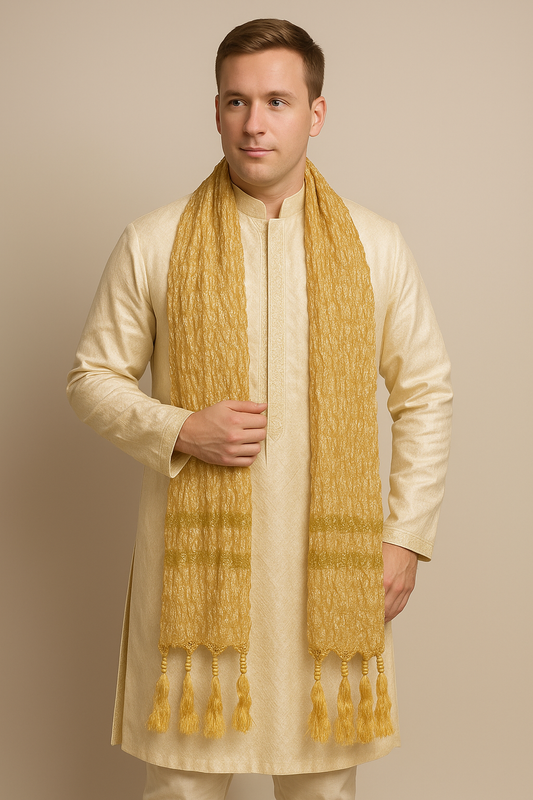 Gold Men’s Dupatta with Tassels | Wedding Sherwani Scarf | Traditional Kurta Stole