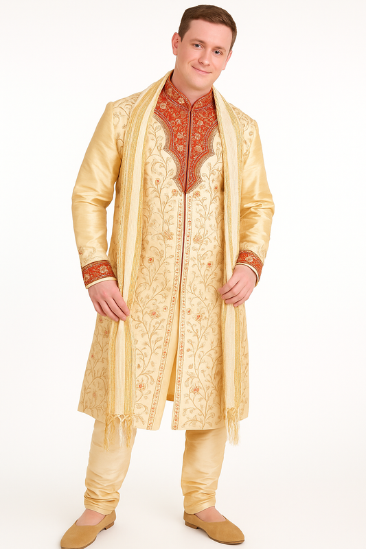 Men’s Gold and Red Embroidered Sherwani Set with Cream Dupatta – Indian Wedding & Festive Wear | Plus Sizes up to 8XL