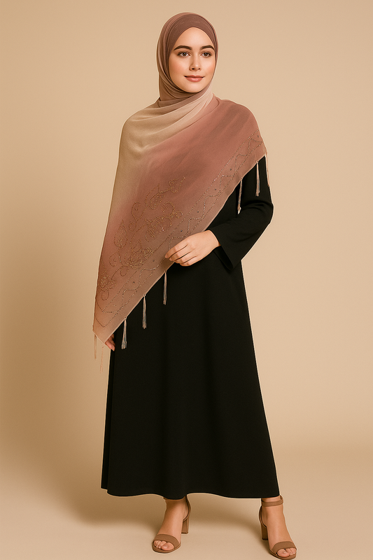Elegant Beaded Chiffon Shawl – Modest Wear Scarf with Delicate Embroidery and Tassels