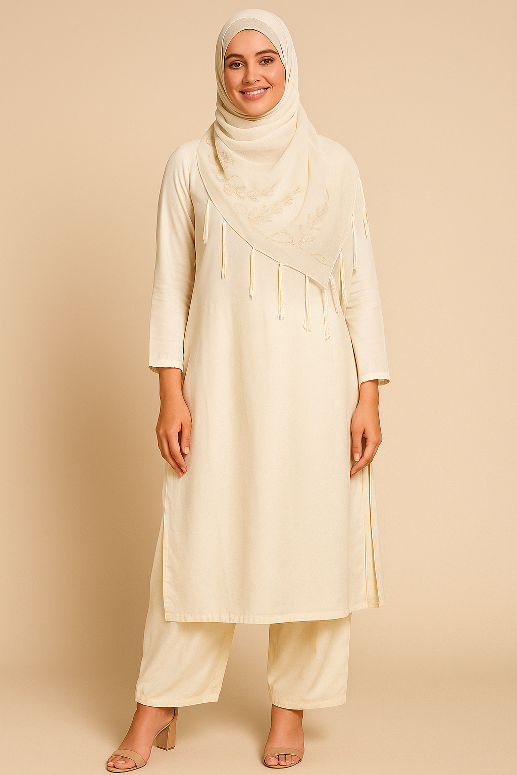 Cream Beaded Chiffon Shawl – Modest Wear Scarf with Delicate Embroidery and Tassels