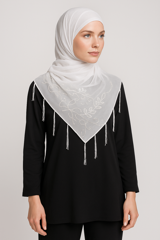 white Chiffon Shawl – Modest Wear Scarf with Delicate Embroidery and Tassels