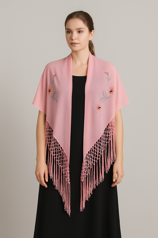 Pink  Chiffon Shawl with Fringe Detailing – Versatile Cape Style Wrap for Women