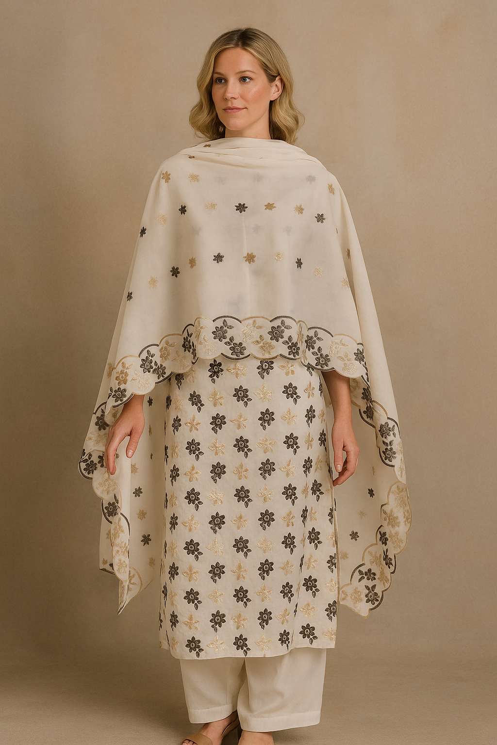 Cream Embroidered salwar kameez Dupatta set plus chest  Size 56