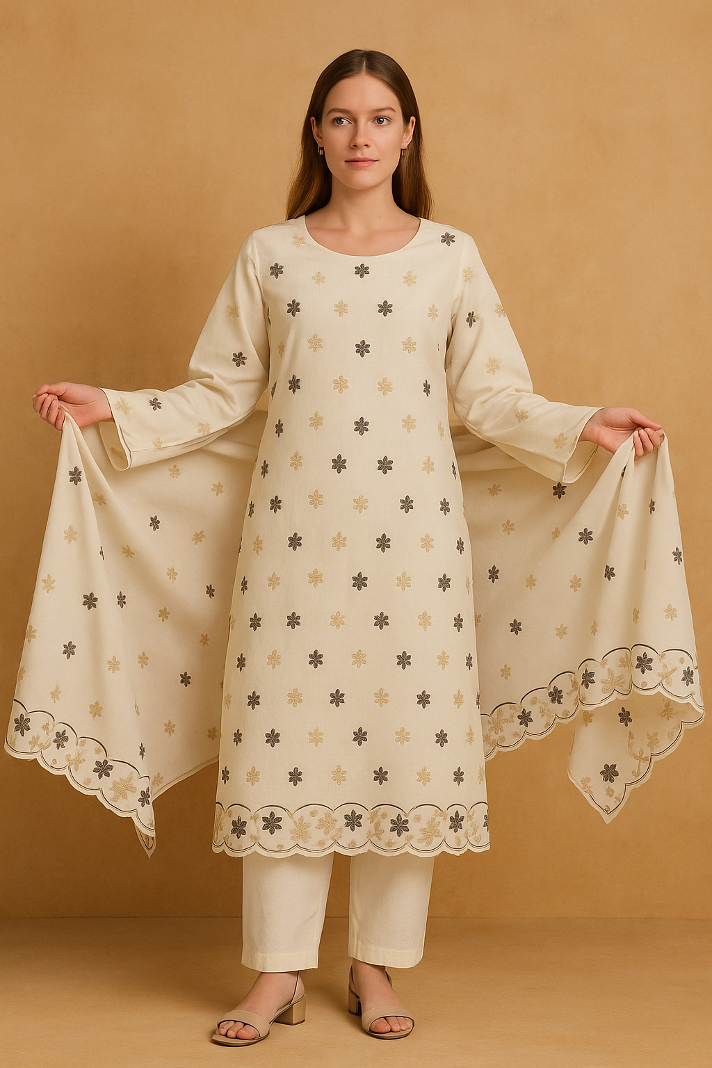 Cream Embroidered salwar kameez Dupatta set plus chest  Size 56