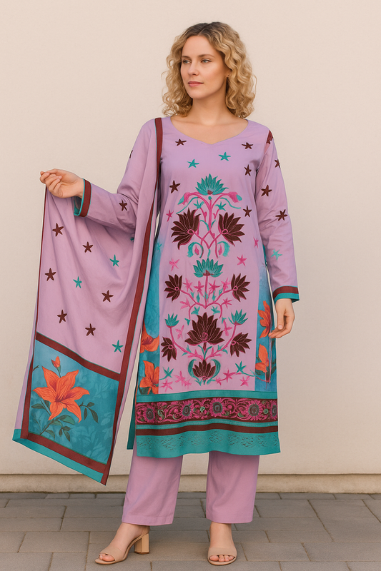 Purple  Embroidered salwar kameez Dupatta set plus chest size 48