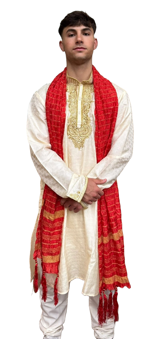 Orange Men's Festive Crushed Silk Dupatta Shawl with Gold Accents