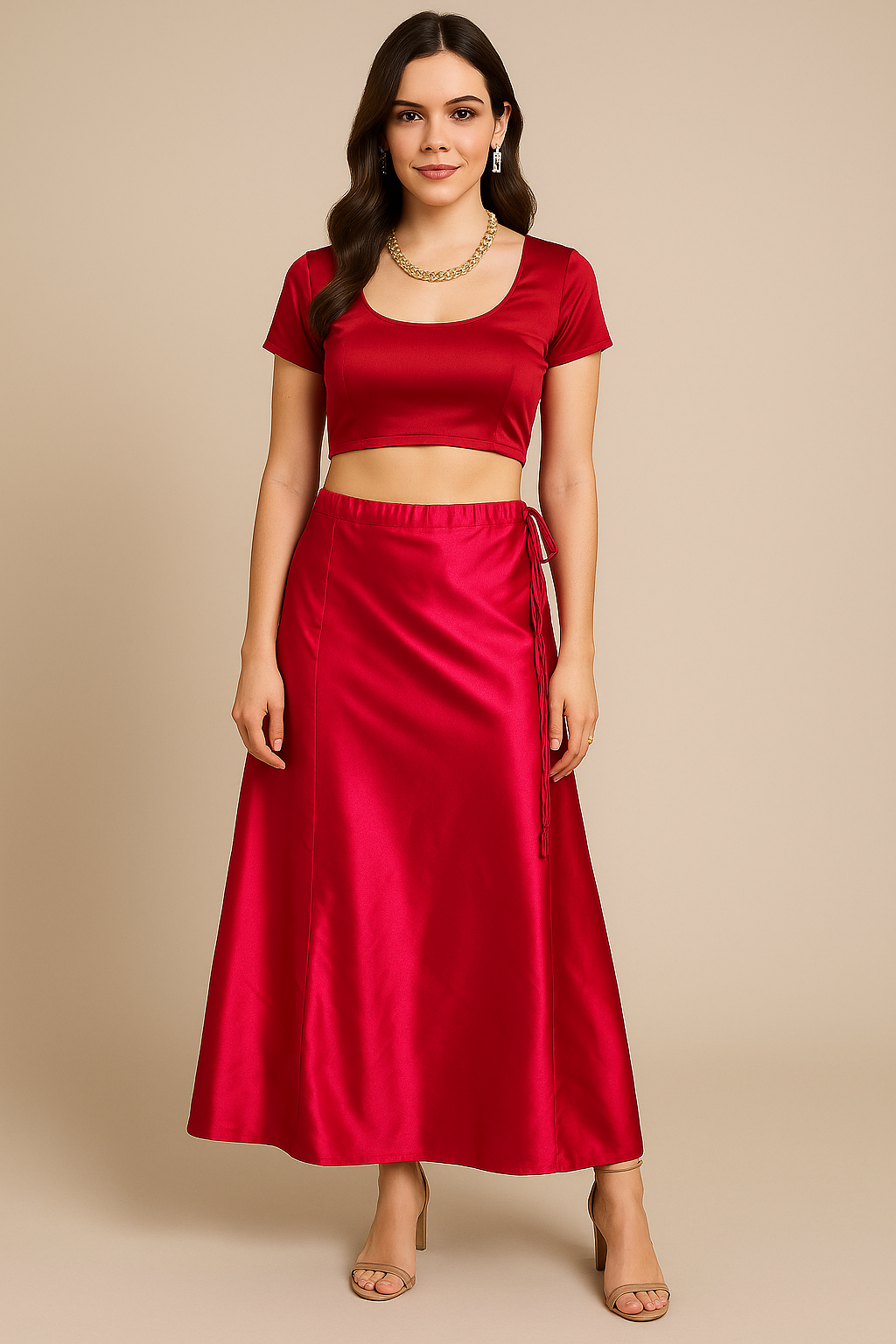 Red satin skirt saree Petticoat Underskirt