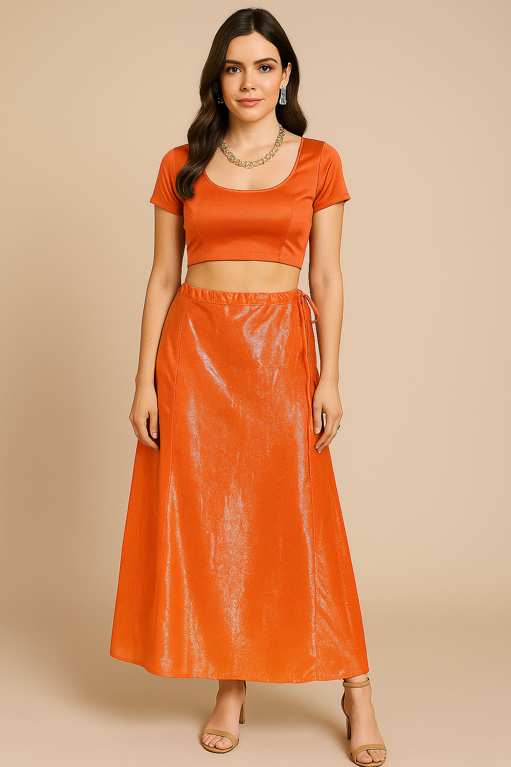 Elegant Orange Shimmer Cotton Petticoat for Sarees and Lehengas – Adjustable Drawstring Waist