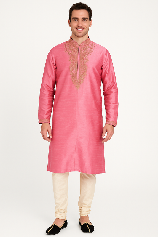 Pink  Men Embroidered Kurta Pajama Shawl Big  Plus size