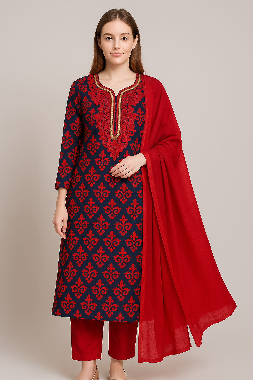 Printed Red salwar kameez Dupatta set plus chest size 56