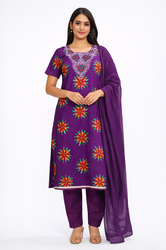 Purple Embroidered Cotton Plus size 52 Salwar kameez dress