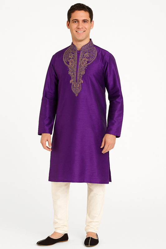 Purple Embroidered Men’s Kurta Pajama Set + Matching Shawl – Big & Plus Sizes
