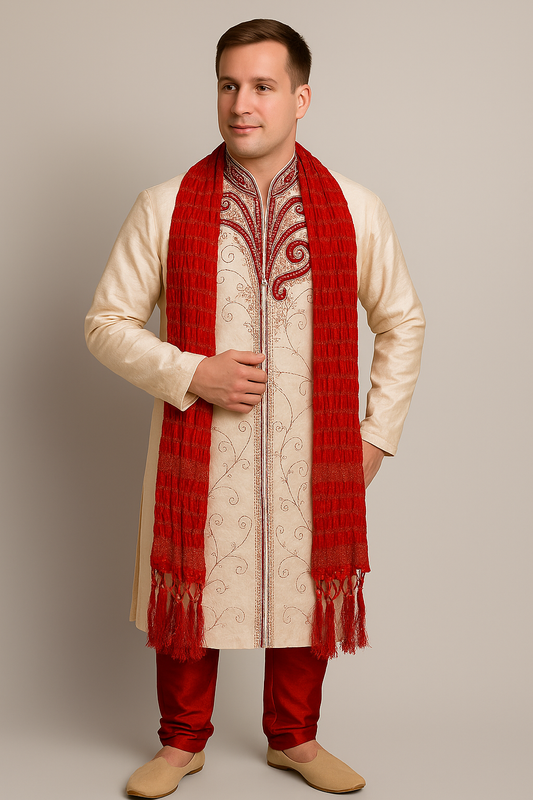 Red Men’s Dupatta | Traditional Sherwani Stole for Weddings & Festive Wear