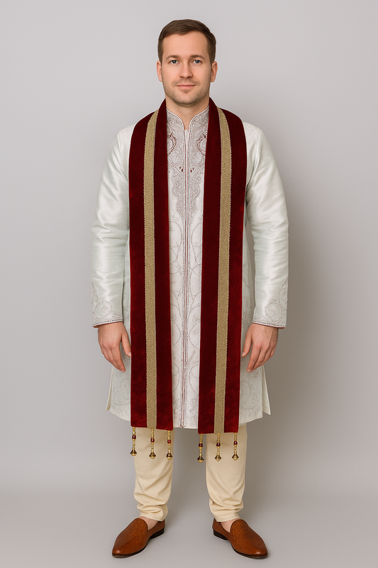 Maroon Velvet Men’s Dupatta with Gold Border | Sherwani Shawl for Wedding & Reception