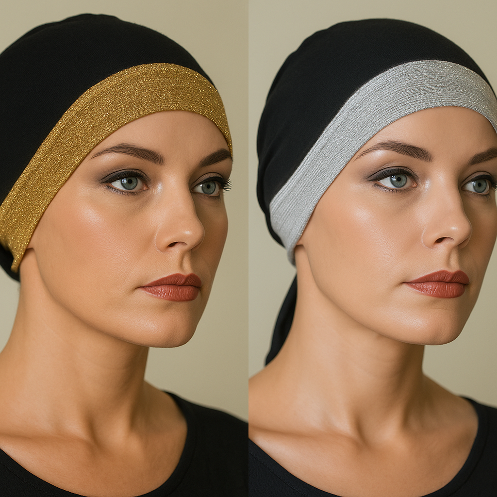 set of 2 Black & Gold / Black & Silver Cotton Underscarf Cap