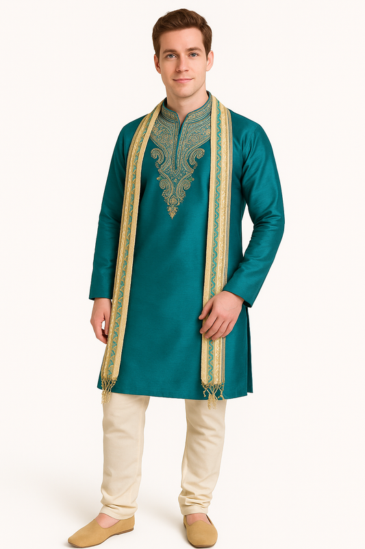 Men’s Teal Silk Kurta Pajama Set with Cream Dupatta – Indian Party & Wedding Wear | Plus Sizes up to 8XL