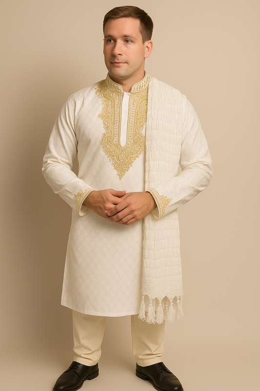Men’s White Dupatta with Silver Tassels | Elegant Sherwani Shawl for Weddings & Festive Wear