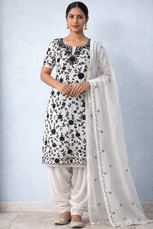 white Embroidered Salwar kameez Dress Cotton Size Medium Short sleeves