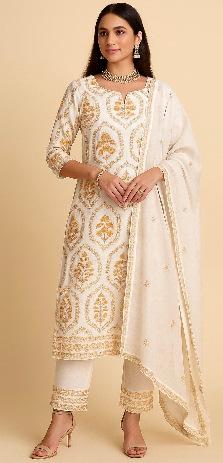 white embroidered salwar kameez Dupatta set plus chest size 48