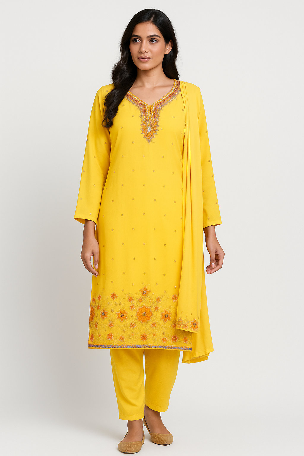 Yellow Crepe  Wedding Party wear  salwar kameez Dupatta set  chest  Size 42
