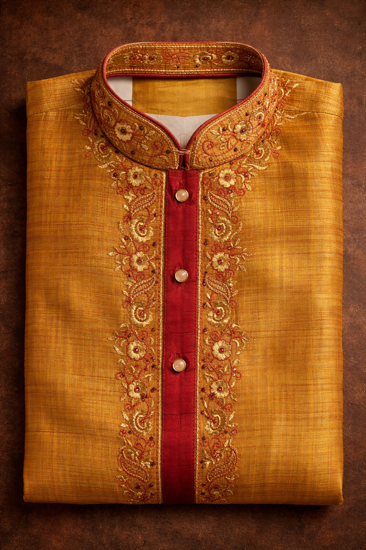 Yellow Gold Boys Embroidered Ethnic Kurta Sherwani  Pajama Set Age 10,12