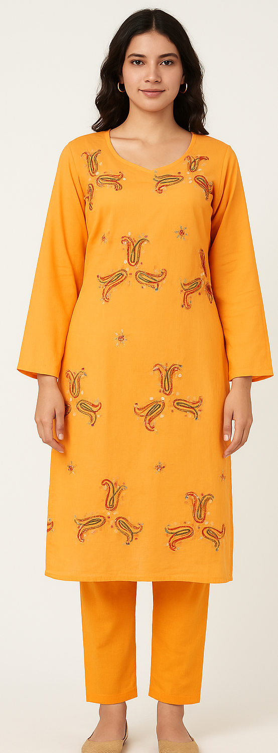 Yellow Cotton Embroidered Kurta with Free Dupatta