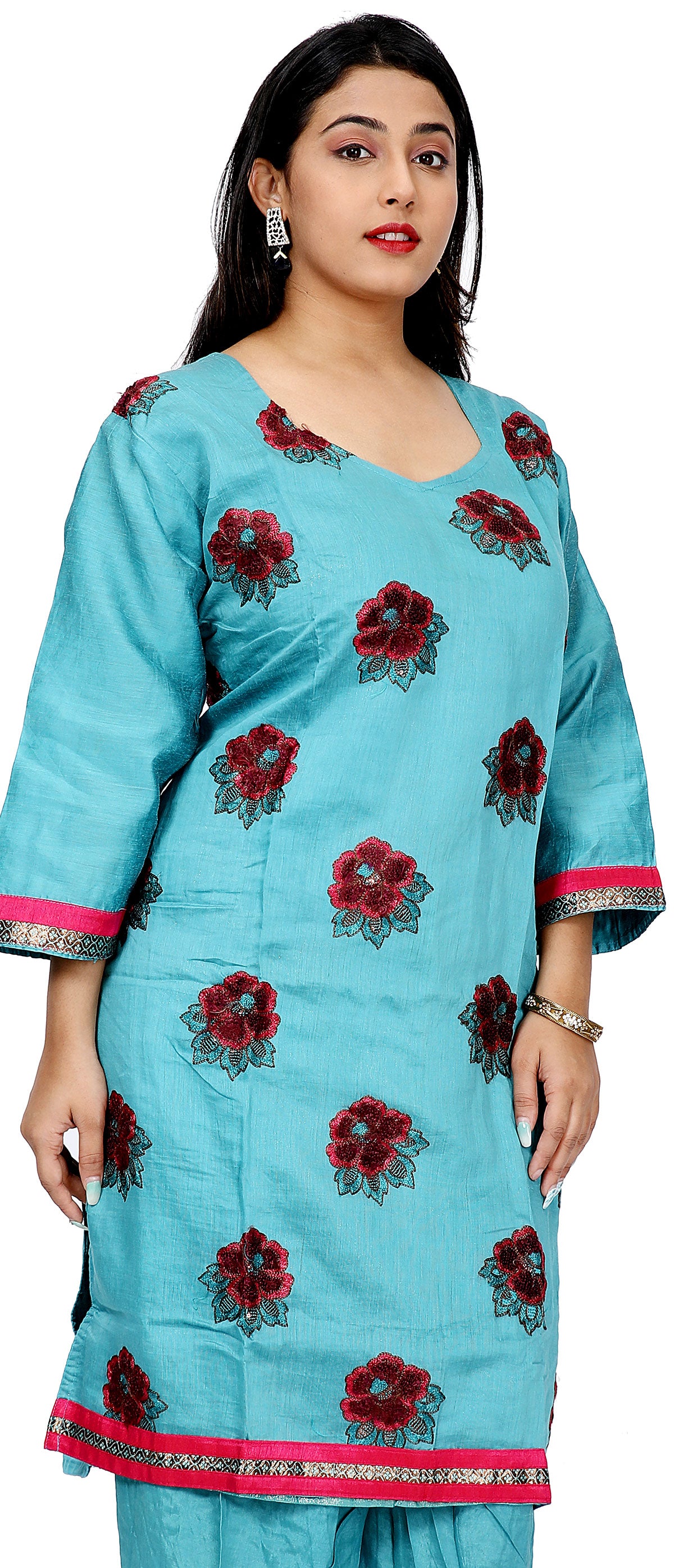 Blue Silk Embroidered  Salwar kameez Dress Plus Size 52