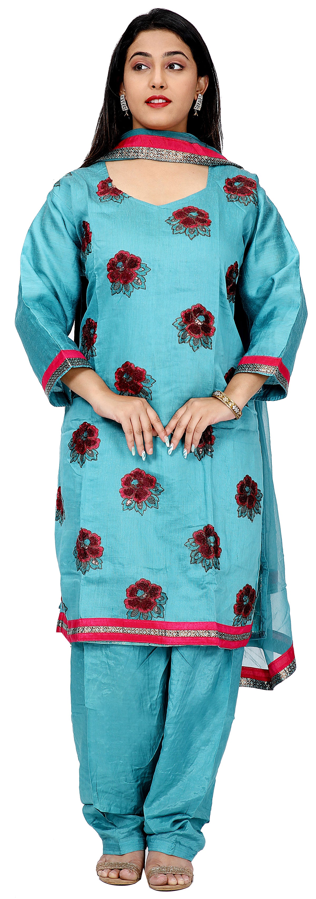 Blue Silk Embroidered  Salwar kameez Dress Plus Size 52