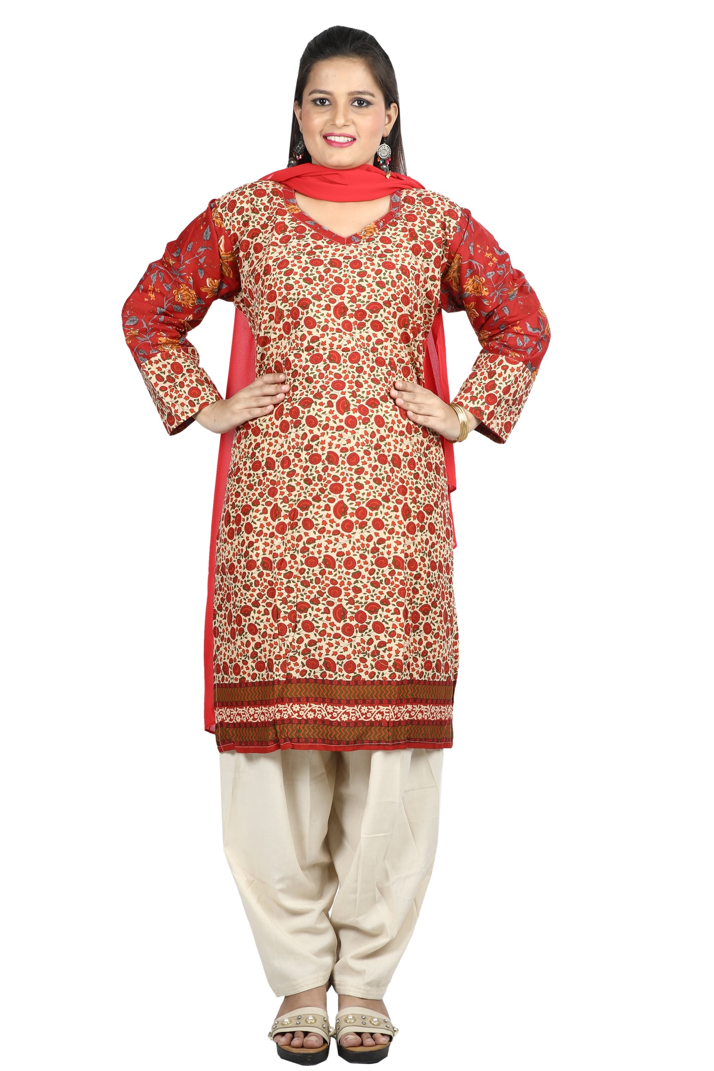 Red Cotton  Floral print  Dress Salwar kameez  Plus chest  Size 50
