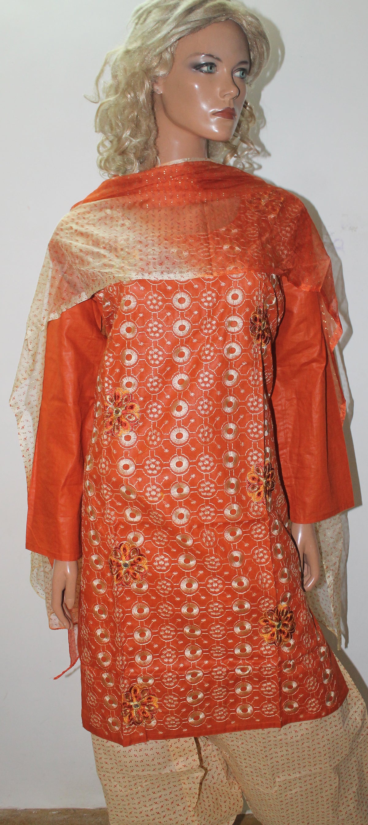 Orange Embroidered Indian Salwar kameez Dress Plus Size 48