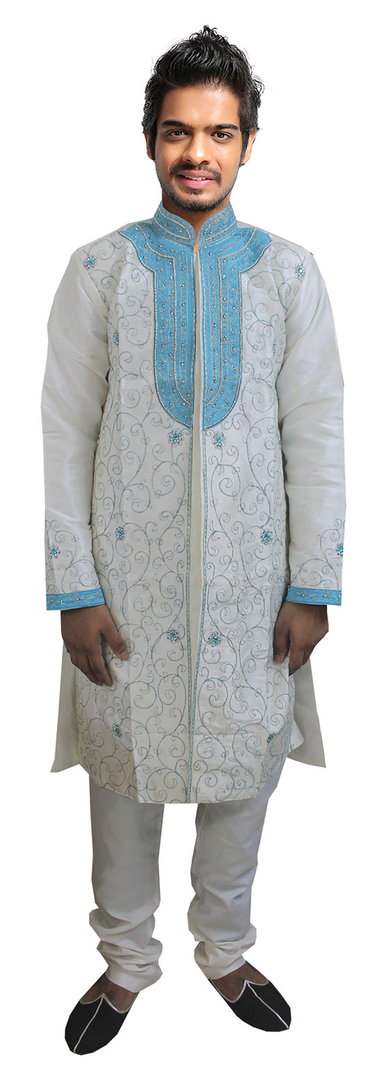 Apparelsonline White Blue Designer  Men Sherwani Party Wedding Wear